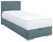 Boxbett 90 in seitlicher Perspektive, mit grauem Stoffbezug und weißer Matratze.