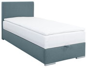 Boxbett 90 in seitlicher Perspektive, mit grauem Stoffbezug und weißer Matratze.