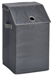 Grauer Wäschesammler mit Deckel und seitlichen Griffen, schräg von vorne fotografiert