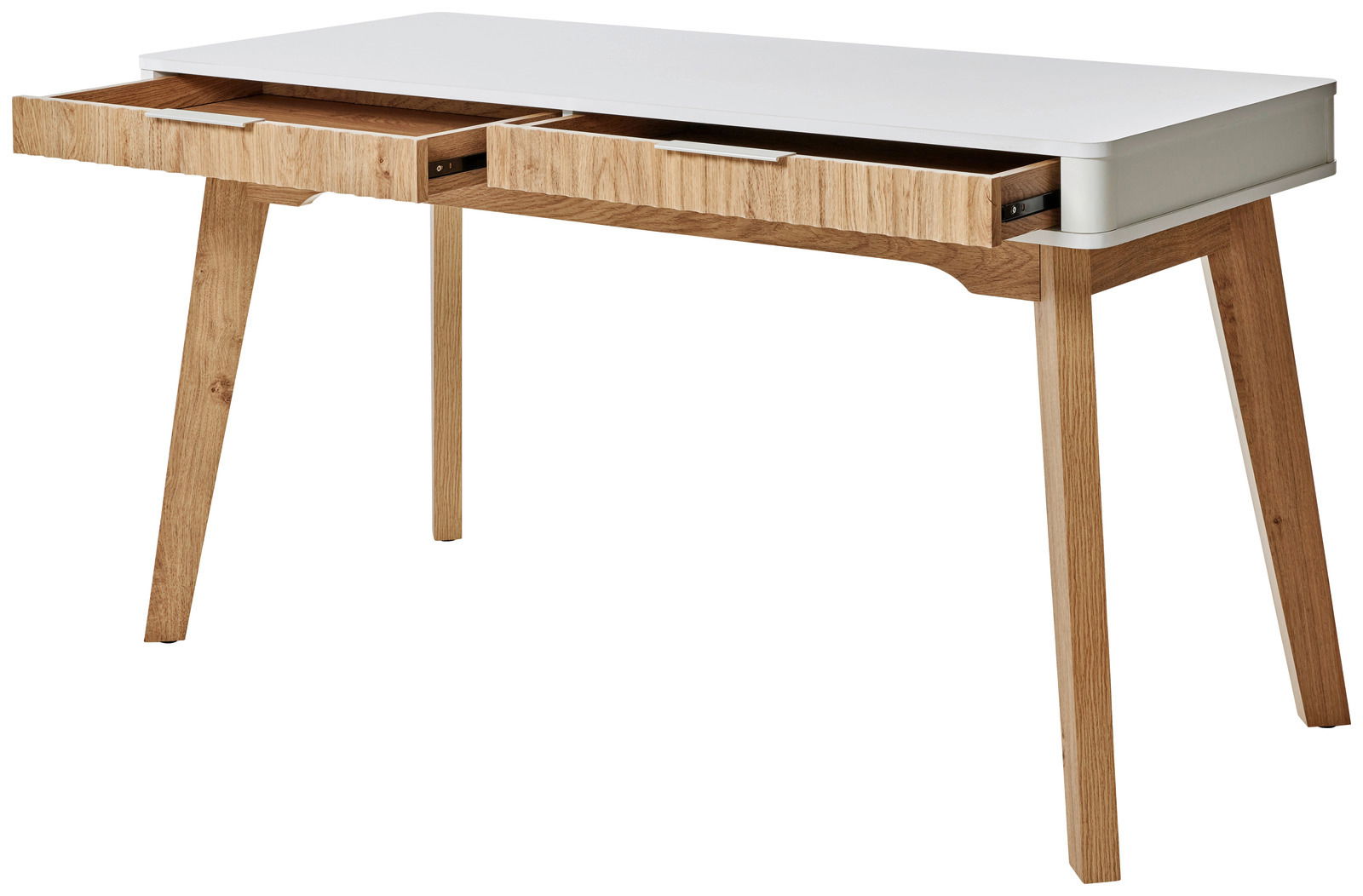 Moderner Schreibtisch mit weißer Tischplatte und zwei offenen Schubladen aus Holz, seitliche Perspektive