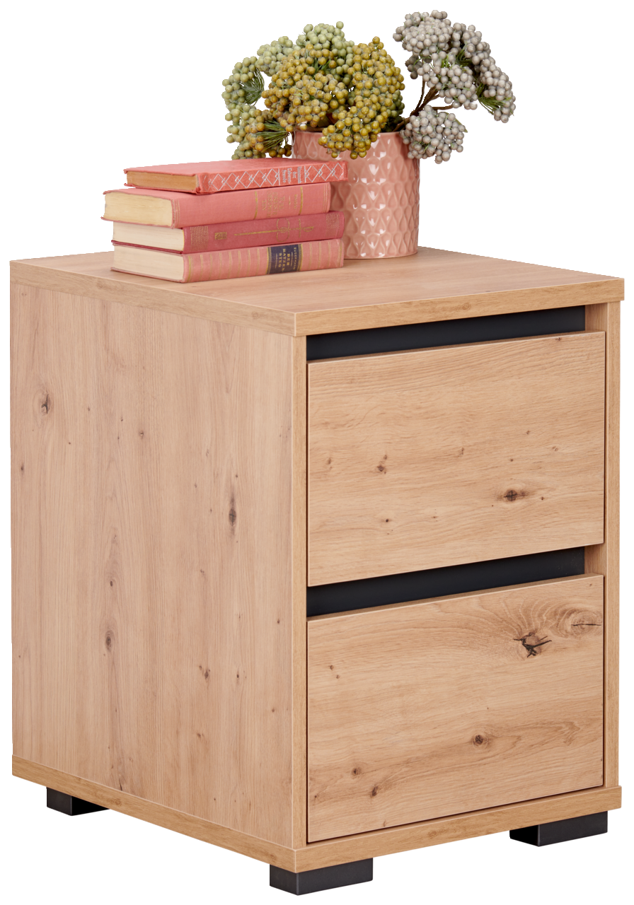 Carryhome Nachtkommode LINE Nachtkommode aus Holz mit zwei Schubladen, dekoriert mit Büchern und einer Pflanze in einem rosa Topf, seitliche Perspektive