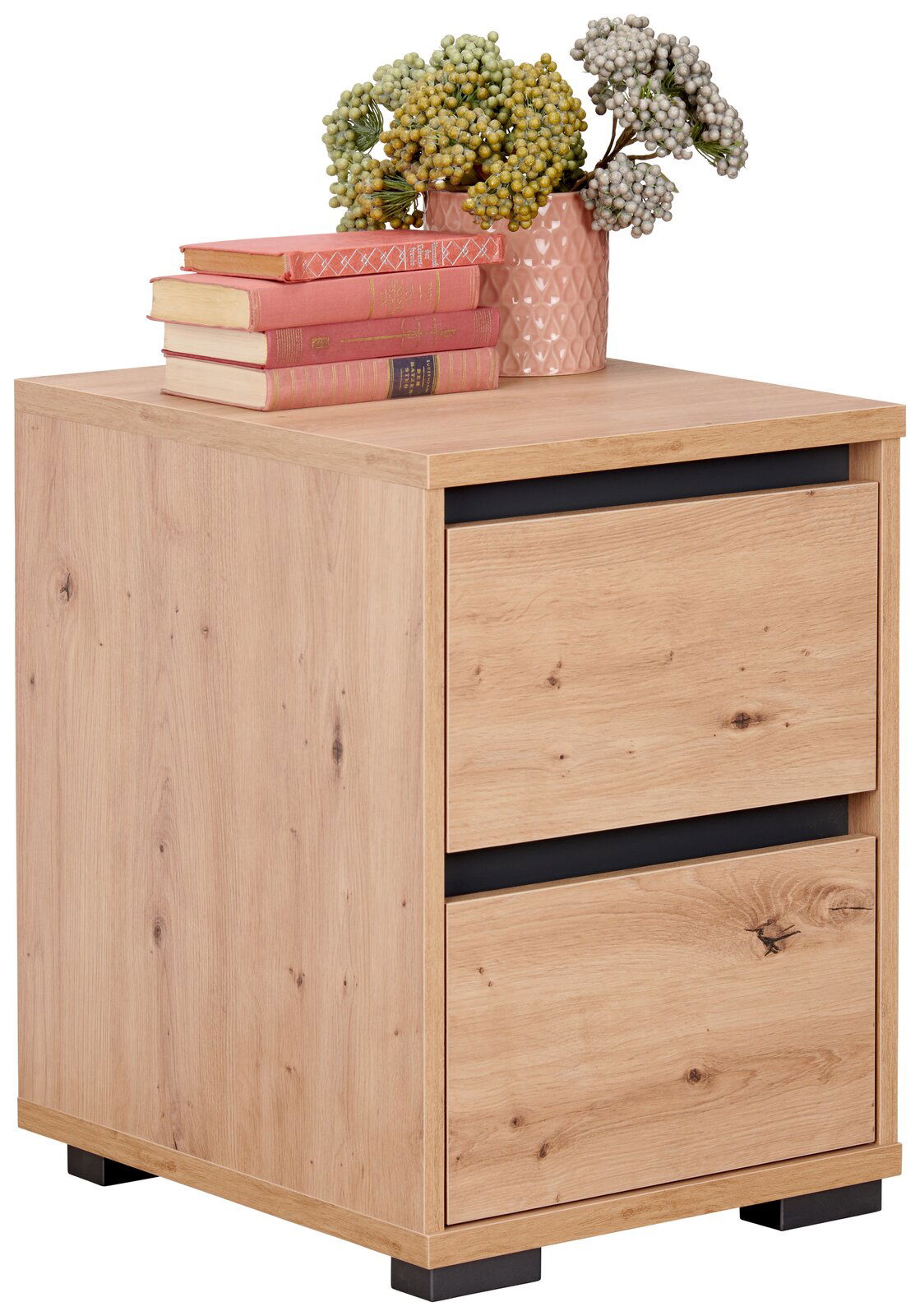 Nachtkommode aus Holz mit zwei Schubladen, dekoriert mit Büchern und einer Pflanze in einem rosa Topf, seitliche Perspektive