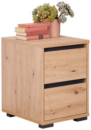 Nachtkommode aus Holz mit zwei Schubladen, dekoriert mit Büchern und einer Pflanze in einem rosa Topf, seitliche Perspektive