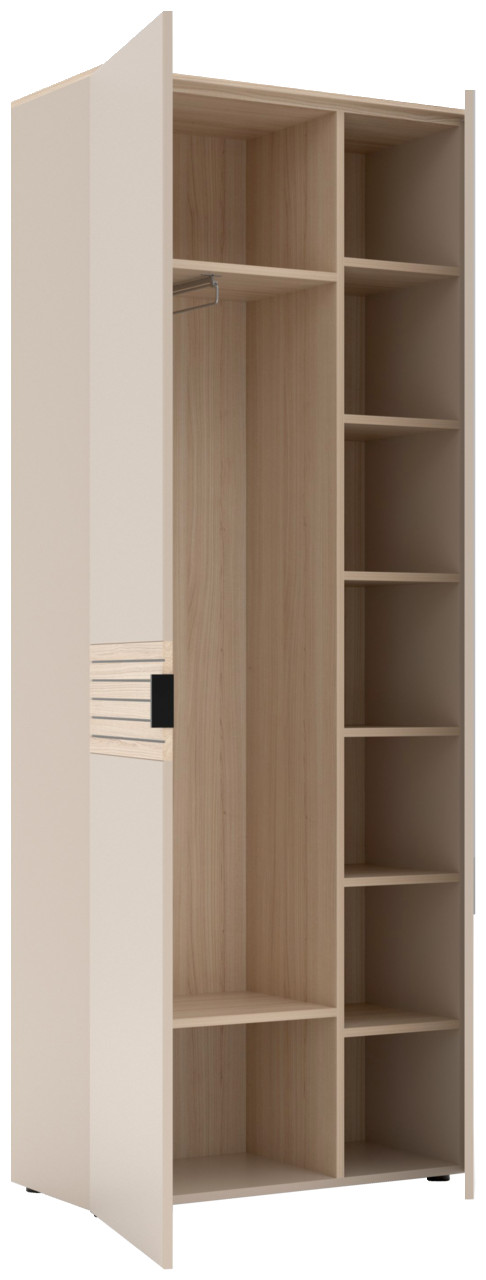 Beige Garderobenschrank mit offener Tür, zeigt Innenfächer und Kleiderstange, seitliche Perspektive