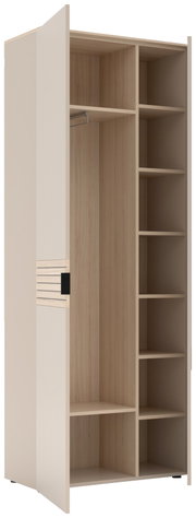 Beige Garderobenschrank mit offener Tür, zeigt Innenfächer und Kleiderstange, seitliche Perspektive