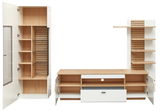 Wandkombination FRESNO in heller Holzoptik mit offenen und geschlossenen Fächern, Schubladen und Regalböden, frontal abgebildet.