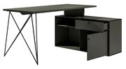 Schwarzer Winkelschreibtisch mit Kommode, seitliche Perspektive, zeigt offene Schublade und Tür.