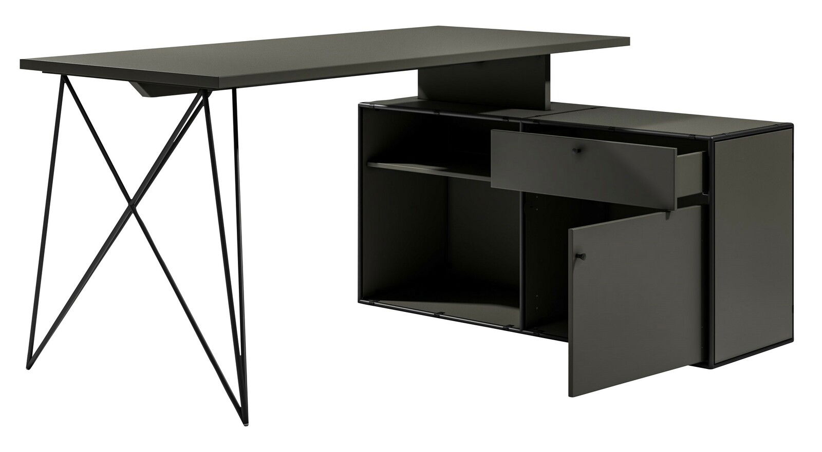 Schwarzer Winkelschreibtisch mit Kommode, seitliche Perspektive, zeigt offene Schublade und Tür.