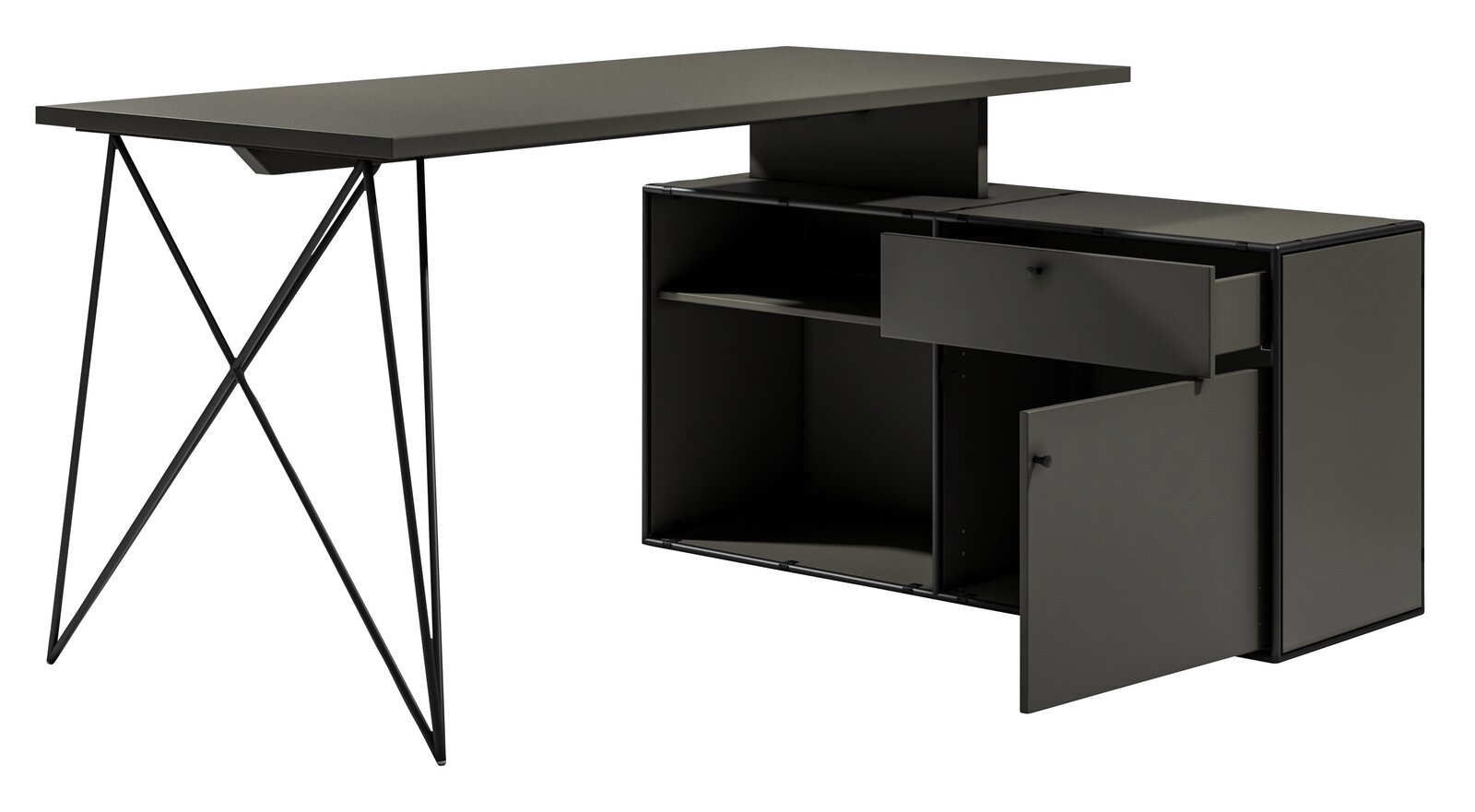 Schwarzer Winkelschreibtisch mit Kommode, seitliche Perspektive, zeigt offene Schublade und Tür.