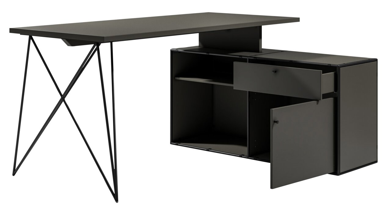 Schwarzer Winkelschreibtisch mit Kommode, seitliche Perspektive, zeigt offene Schublade und Tür.