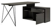 Schwarzer Winkelschreibtisch mit Kommode, seitliche Perspektive, zeigt offene Schublade und Tür.