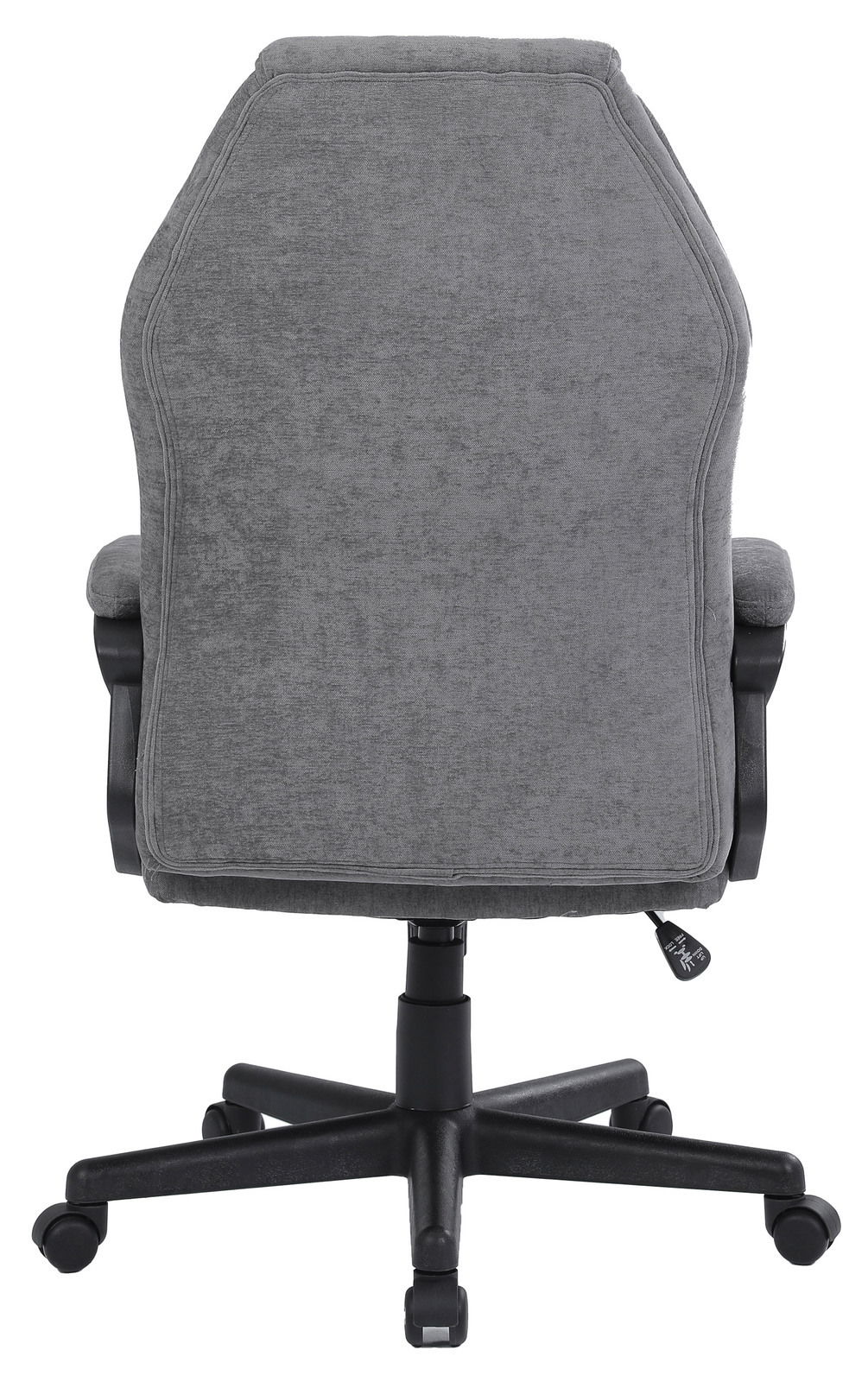 Rückansicht eines grauen Homeoffice-Drehstuhls mit gepolsterter Rückenlehne und schwarzem Fußkreuz auf Rollen.