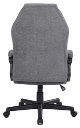 Rückansicht eines grauen Homeoffice-Drehstuhls mit gepolsterter Rückenlehne und schwarzem Fußkreuz auf Rollen.