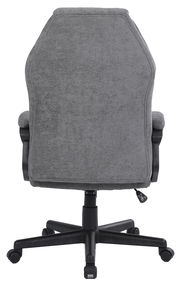 Rückansicht eines grauen Homeoffice-Drehstuhls mit gepolsterter Rückenlehne und schwarzem Fußkreuz auf Rollen.