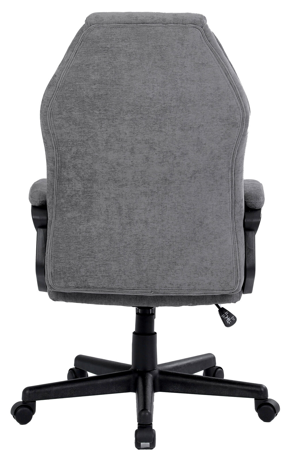 Rückansicht eines grauen Homeoffice-Drehstuhls mit gepolsterter Rückenlehne und schwarzem Fußkreuz auf Rollen.