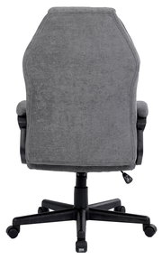 Rückansicht eines grauen Homeoffice-Drehstuhls mit gepolsterter Rückenlehne und schwarzem Fußkreuz auf Rollen.