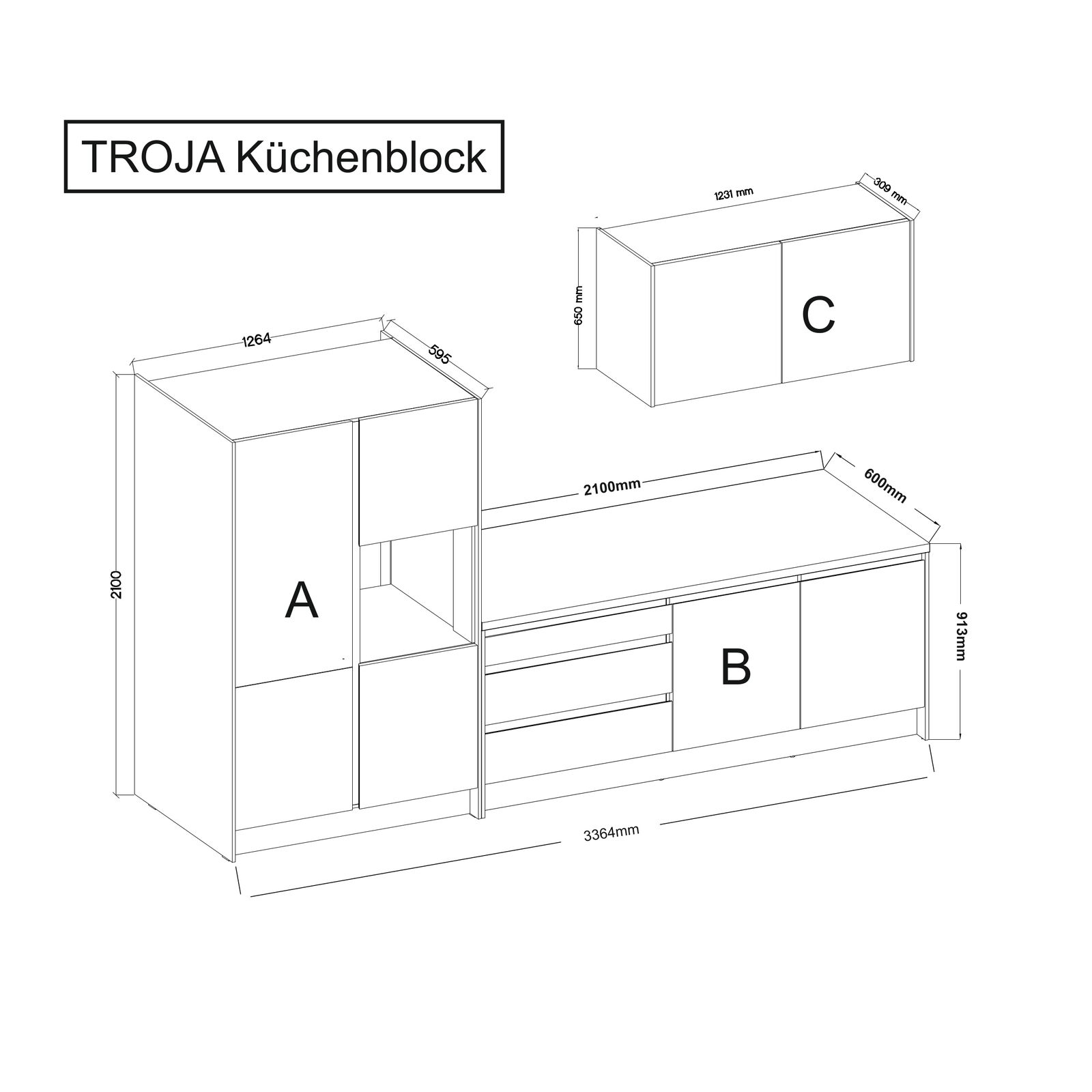 Technische Zeichnung des TROJA Küchenblocks mit den Komponenten A, B und C aus der Perspektive von vorne links.