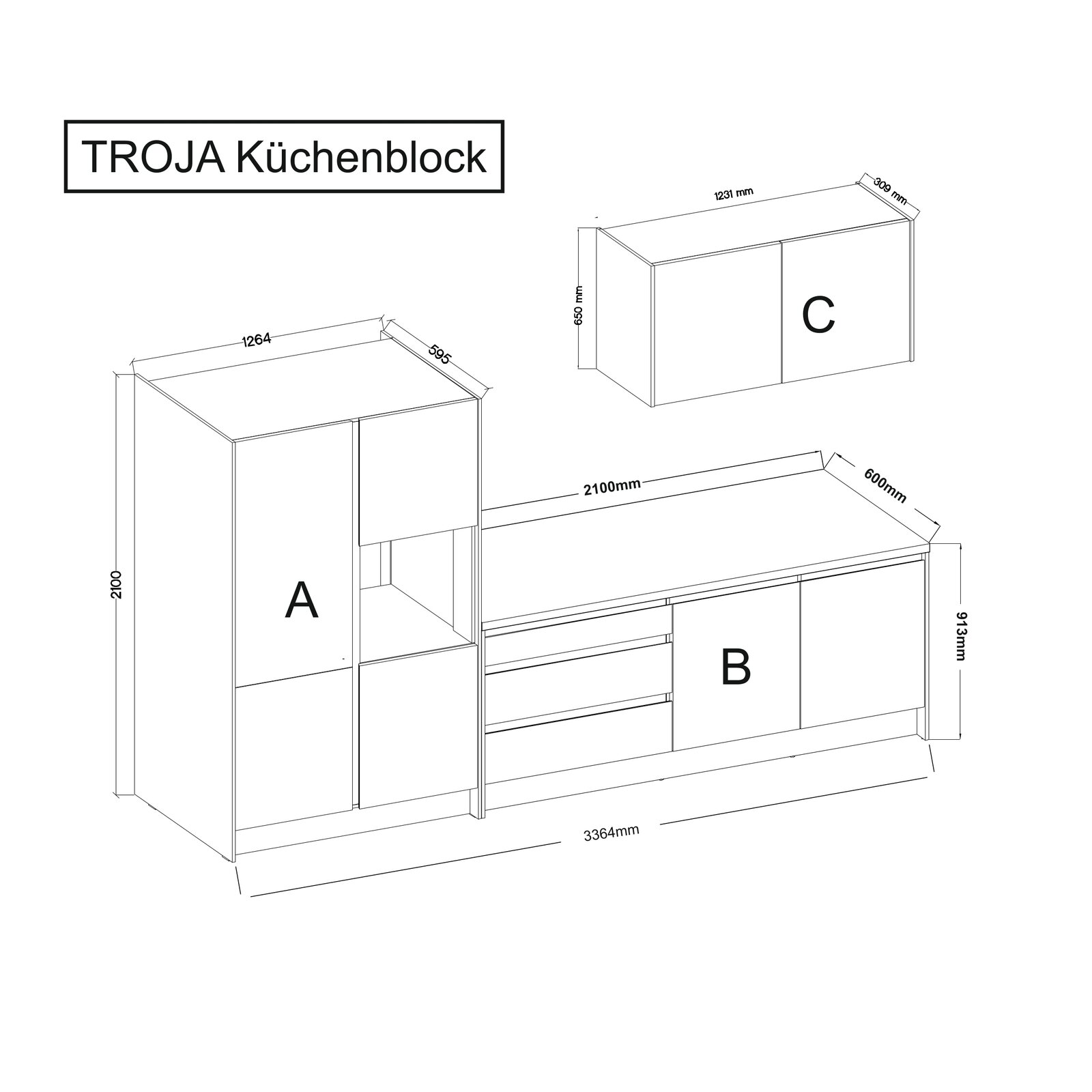 Technische Zeichnung des TROJA Küchenblocks mit den Komponenten A, B und C aus der Perspektive von vorne links.