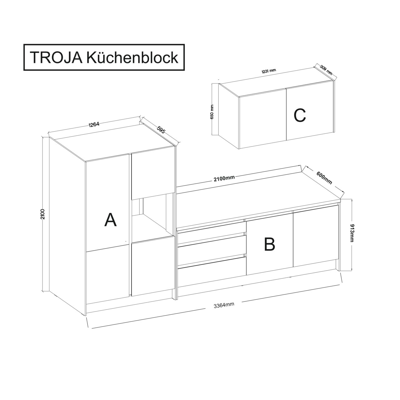 Technische Zeichnung des TROJA Küchenblocks mit den Komponenten A, B und C aus der Perspektive von vorne links.