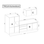 Technische Zeichnung des TROJA Küchenblocks mit den Komponenten A, B und C aus der Perspektive von vorne links.