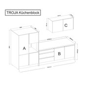 Technische tekening van het TROJA-keukenblok met de onderdelen A, B en C, gezien vanuit het perspectief linksvoor.