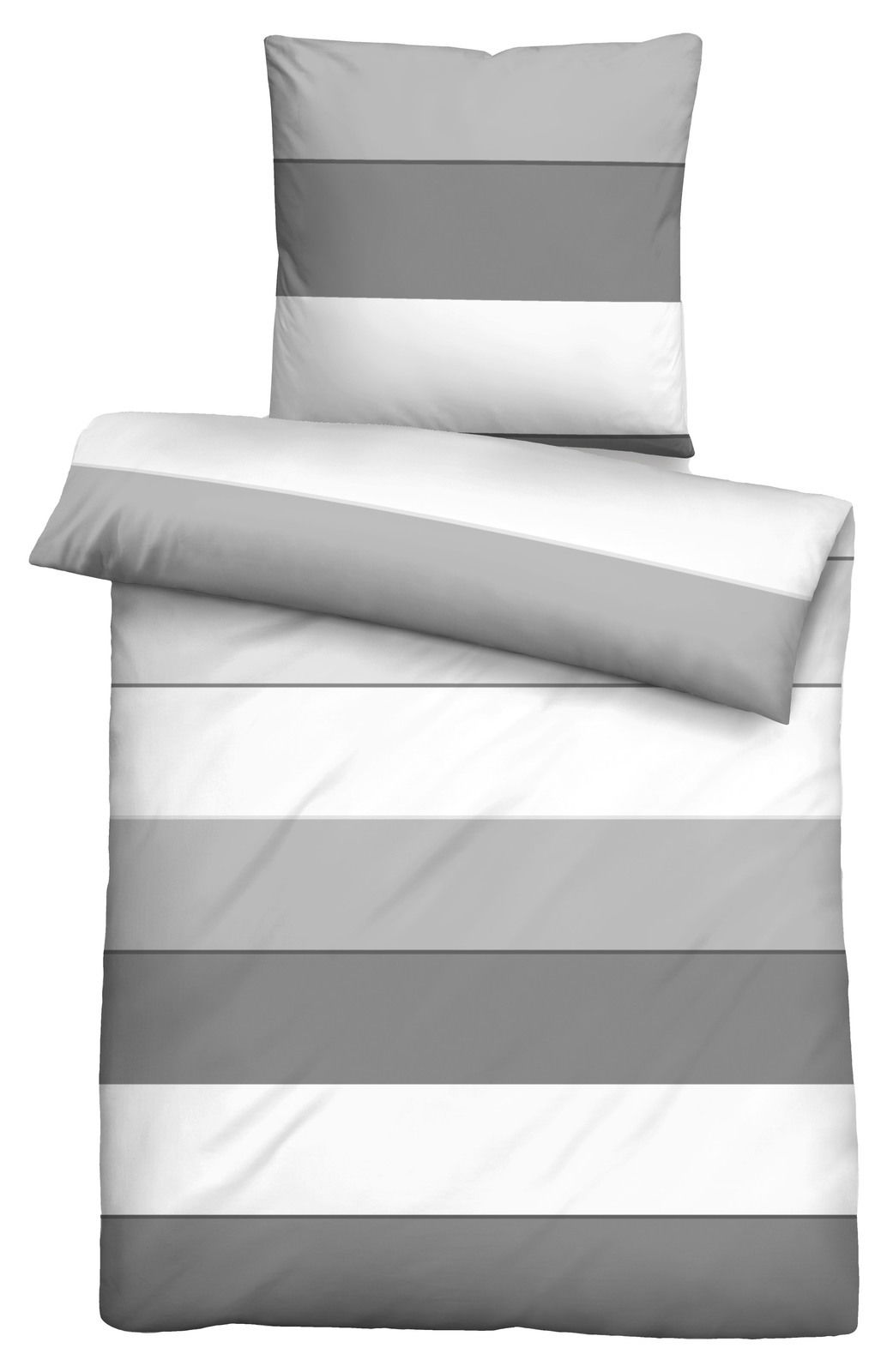 Bettwäsche-Set mit grauen und weißen Streifen, bestehend aus einem Kissenbezug und einem Bettdeckenbezug, aus der Vogelperspektive.