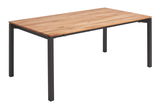 Moderner Esstisch mit Holzplatte und schwarzen Metallbeinen, seitliche Perspektive