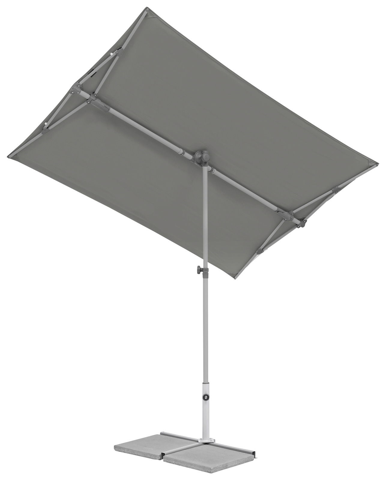 Moderner grauer Sonnenschirm mit rechteckigem Schirm und stabilem Standfuß, seitliche Perspektive