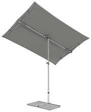 Moderner grauer Sonnenschirm mit rechteckigem Schirm und stabilem Standfuß, seitliche Perspektive