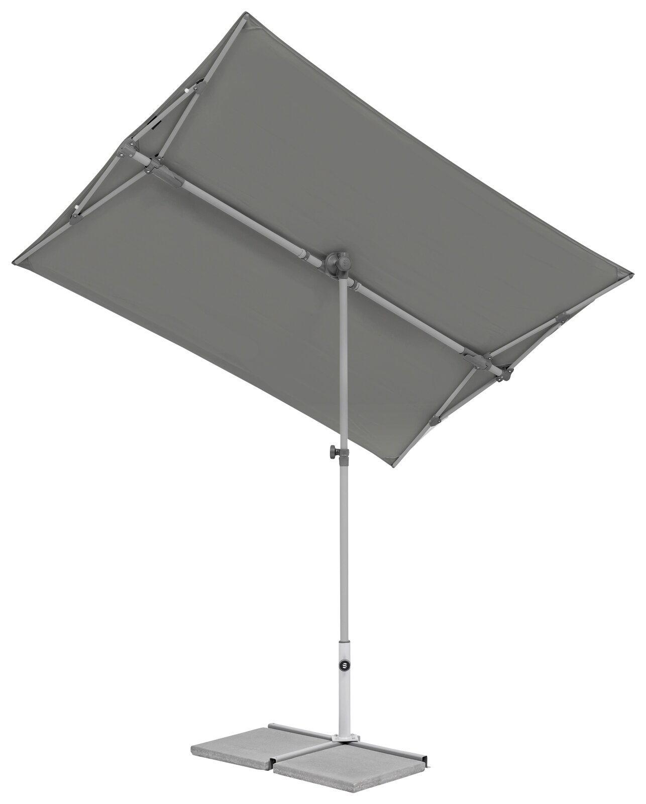 Moderner grauer Sonnenschirm mit rechteckigem Schirm und stabilem Standfuß, seitliche Perspektive