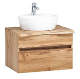 Waschtisch-Set aus Holz mit weißem Aufsatzwaschbecken und Armatur, seitliche Perspektive