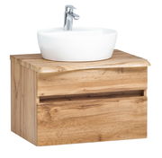 Waschtisch-Set aus Holz mit weißem Aufsatzwaschbecken und Armatur, seitliche Perspektive