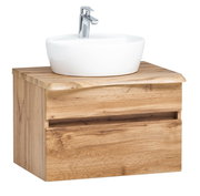Waschtisch-Set aus Holz mit weißem Aufsatzwaschbecken und Armatur, seitliche Perspektive