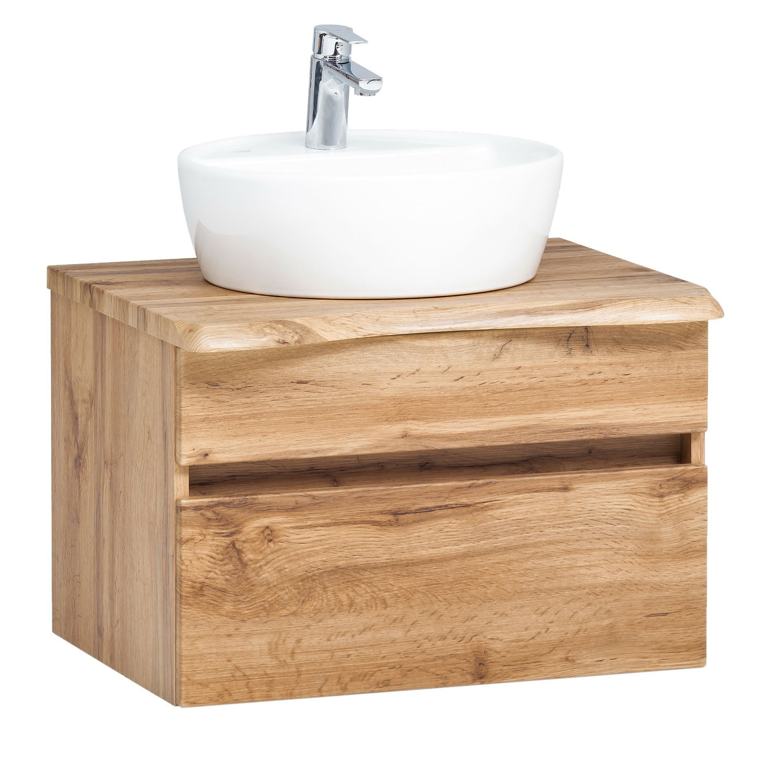 Waschtisch-Set aus Holz mit weißem Aufsatzwaschbecken und Armatur, seitliche Perspektive