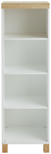 Weißes offenes Regal mit vier Ebenen und Holzdetails, Frontalansicht