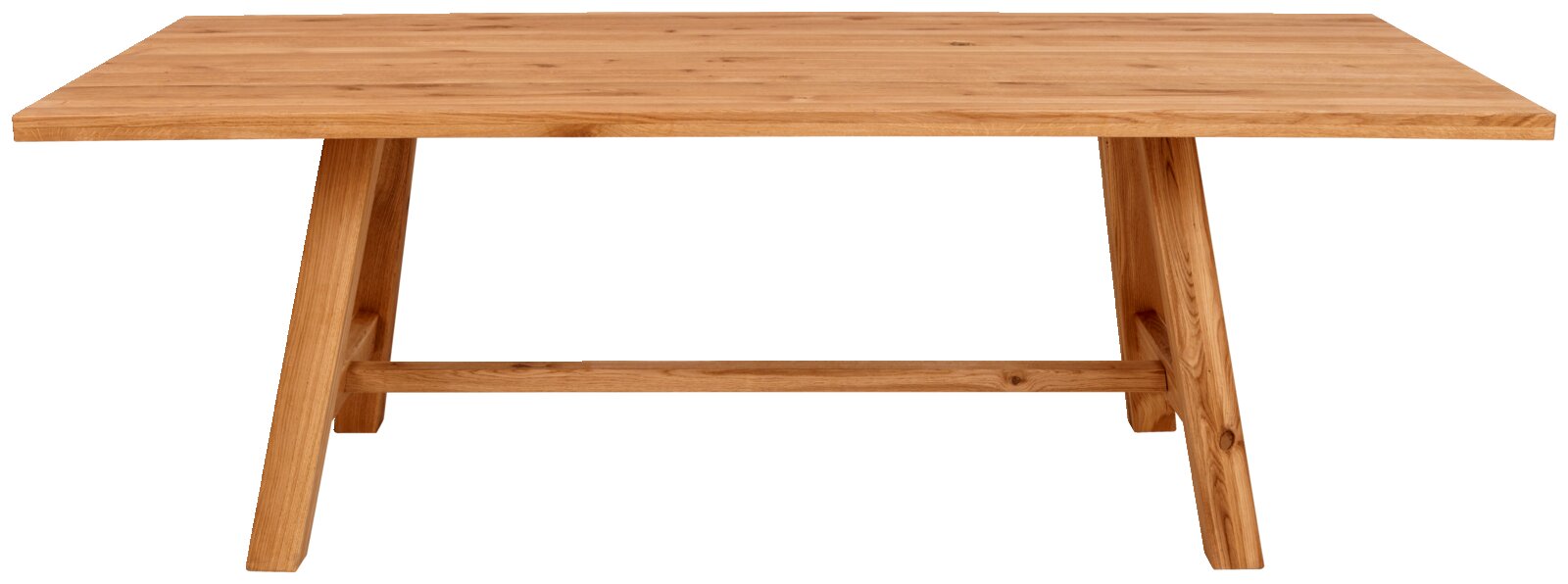 Rechteckiger Esstisch aus hellem Holz mit schräg gestellten Beinen und Querstrebe, freigestellt vor weißem Hintergrund, Frontansicht leicht von oben