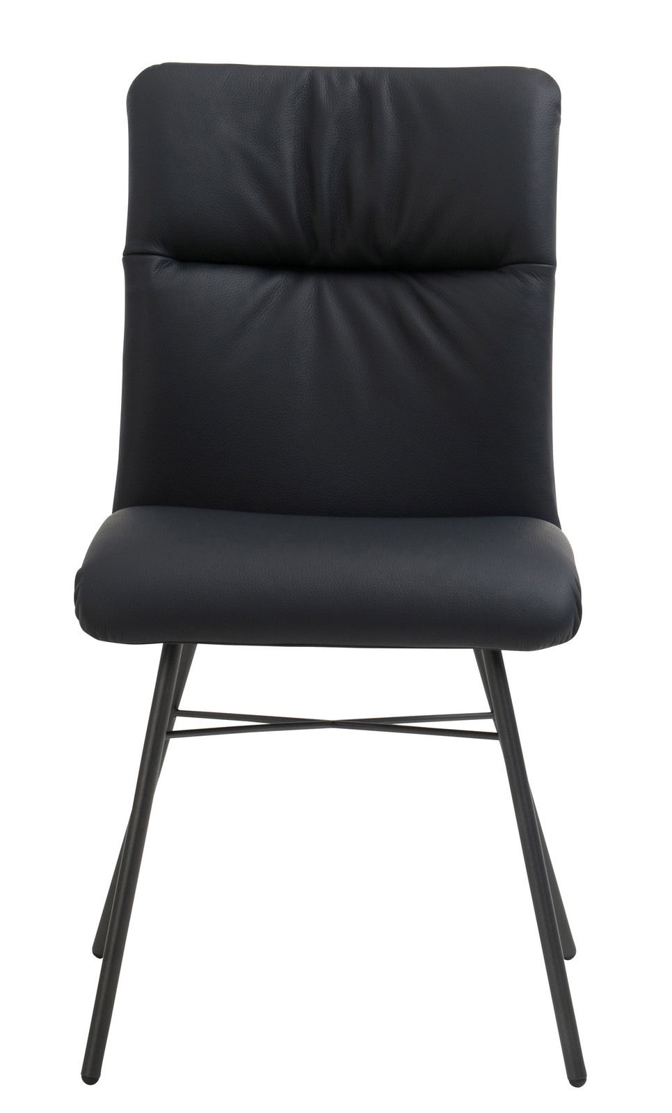 Moderner schwarzer Stuhl mit gepolsterter Rückenlehne und Metallbeinen, Frontalansicht