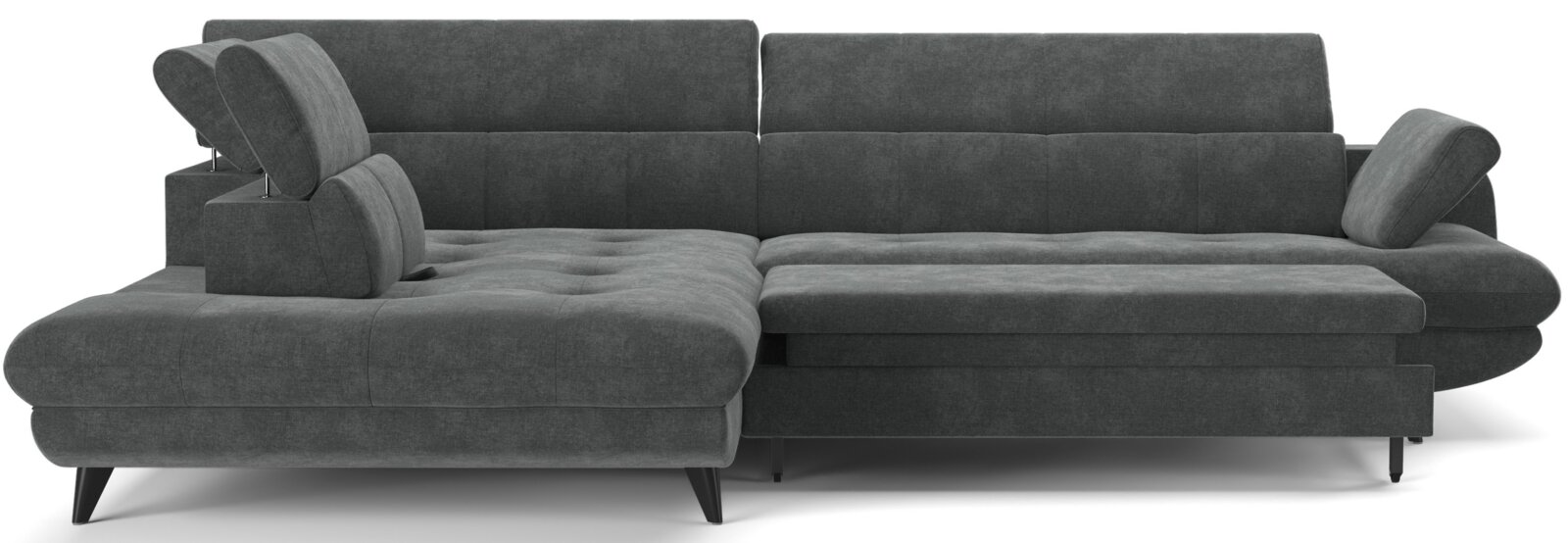 Donkergrijze stoffen hoekbank met chaise longue links, verstelbare hoofdsteunen en slanke zwarte poten, gefotografeerd in vooraanzicht licht schuin van voren op witte achtergrond