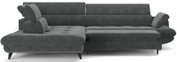 Donkergrijze stoffen hoekbank met chaise longue links, verstelbare hoofdsteunen en slanke zwarte poten, gefotografeerd in vooraanzicht licht schuin van voren op witte achtergrond