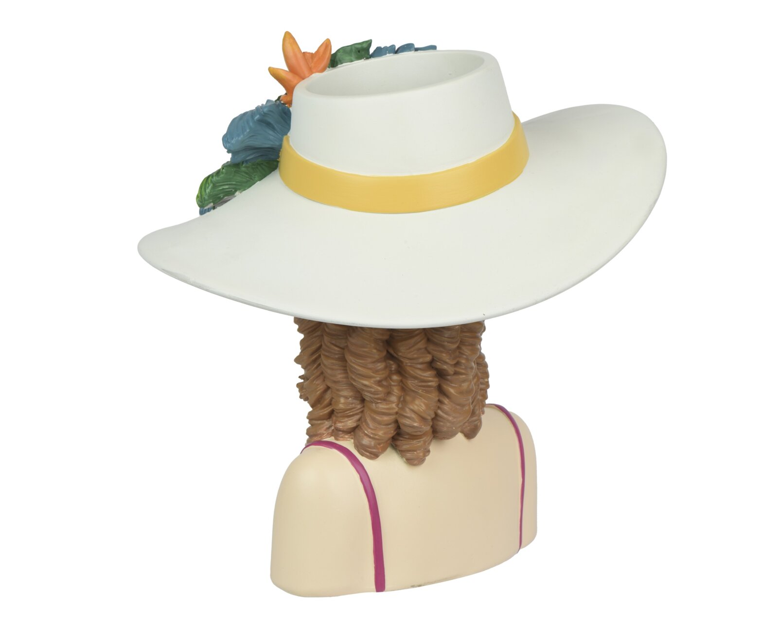 Decoris Pot Rückansicht einer dekorativen Frauenbüste/Skulptur mit weißem breitkrempigem Hut, gelbem Hutband, buntem Blumen-Detail und beigem Oberteil mit pinken Trägern vor weißem Hintergrund