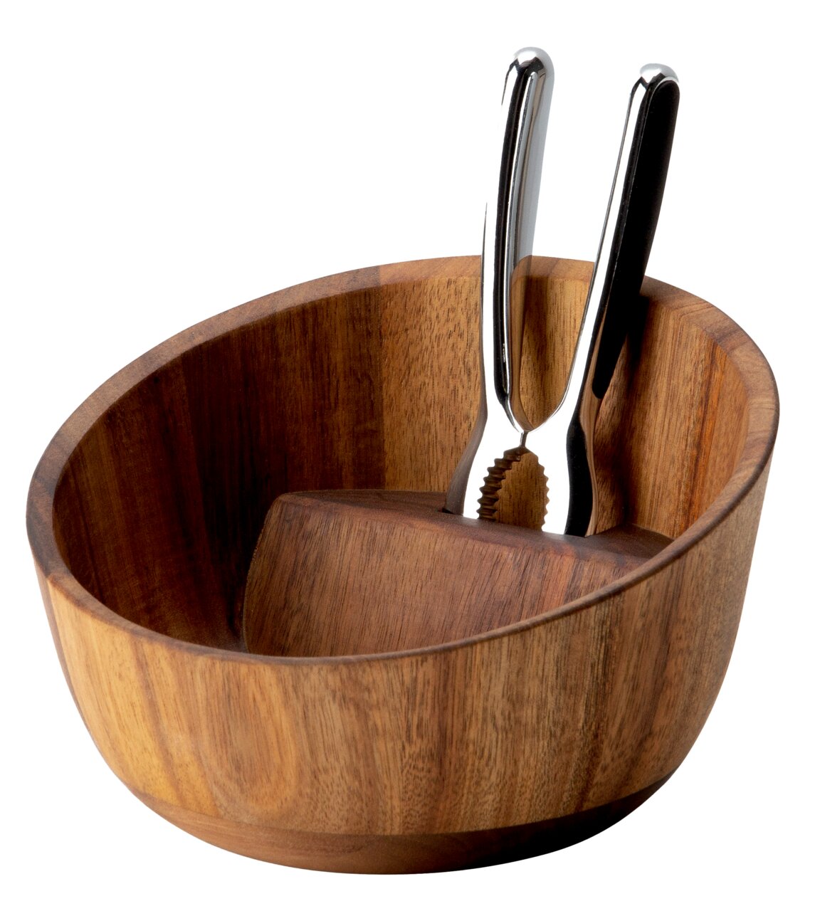 Holz-Nussschale mit integriertem Nussknacker, seitliche Perspektive