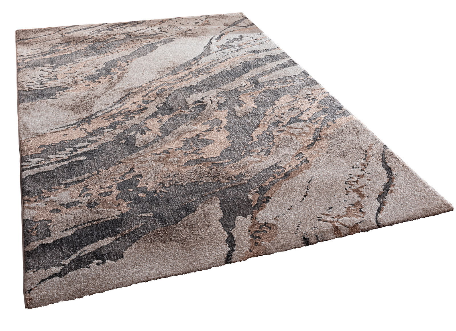 Moderner Webteppich mit abstraktem Muster in Erdtönen, perspektivisch von der Seite fotografiert.