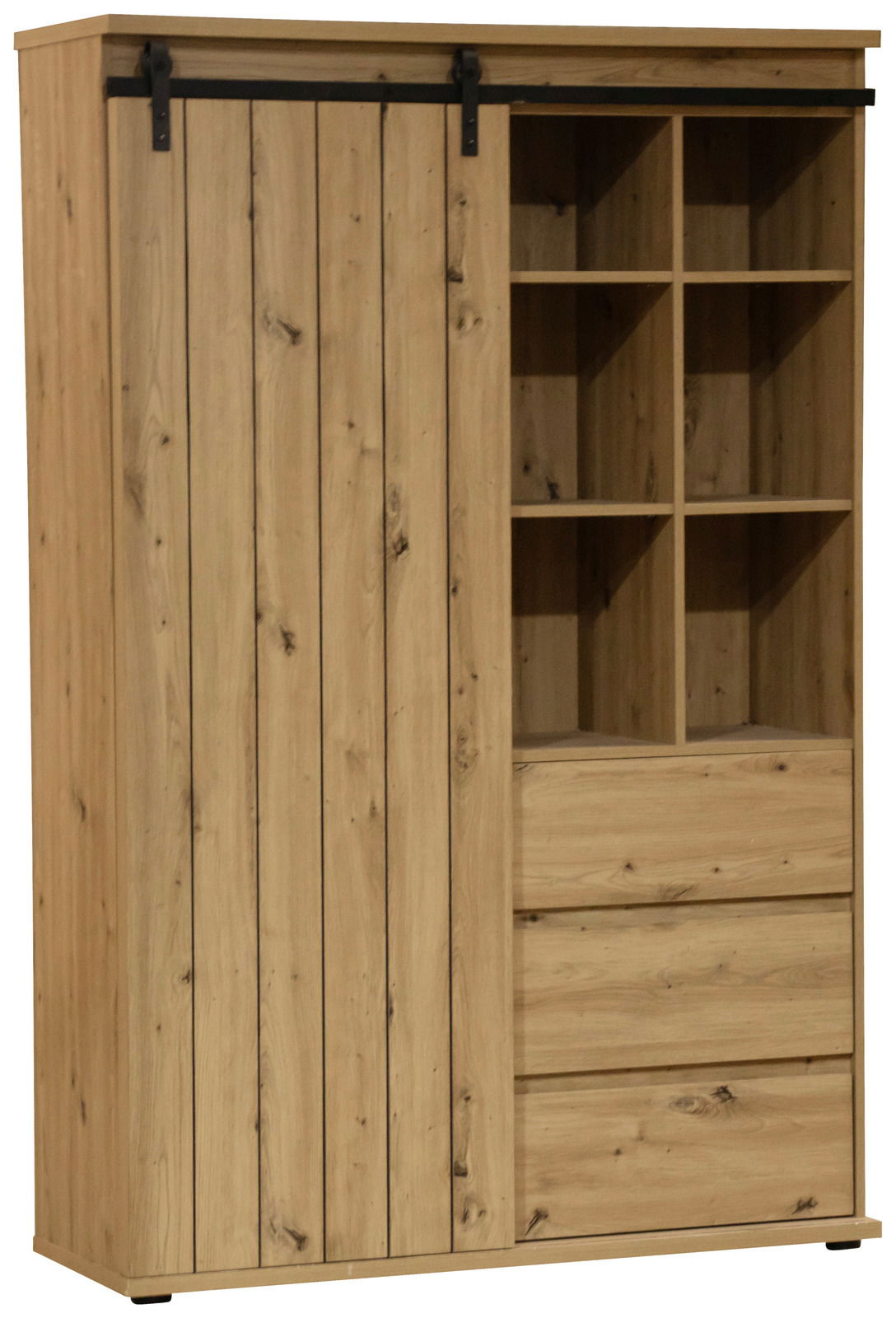 Hochschrank aus Holz mit Schiebetür und Regalfächern, seitliche Perspektive