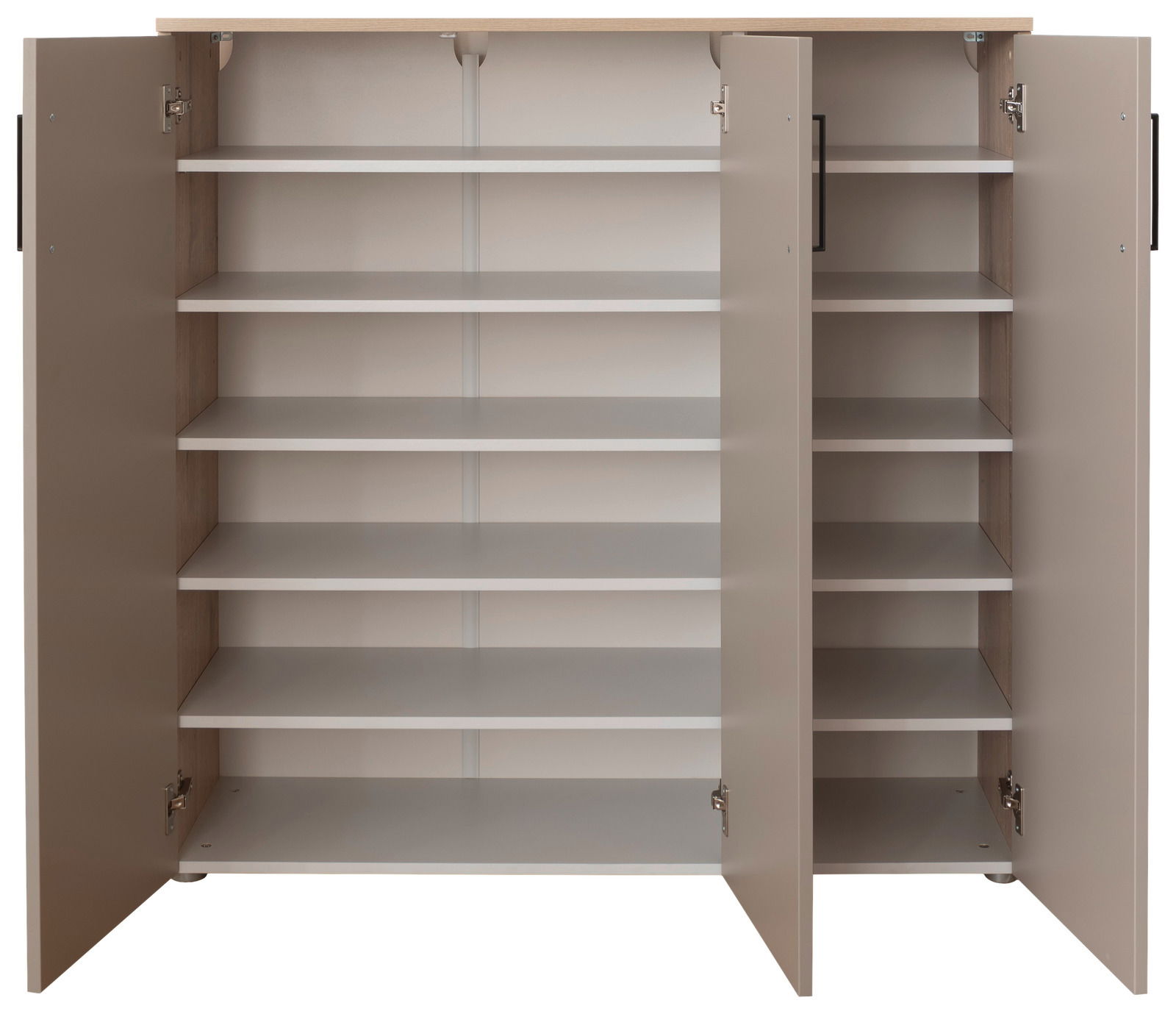 Offener Schuhschrank mit mehreren Regalböden, frontal betrachtet.