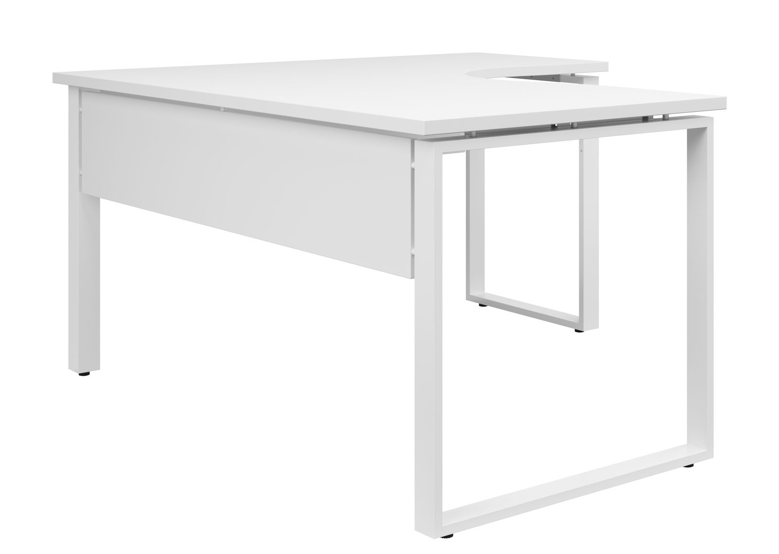 Moderner weißer Eckschreibtisch mit Metallbeinen, seitliche Perspektive