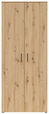 Vorderansicht eines Mehrzweck-Vorratsschranks mit Holzoptik und zwei Türen.