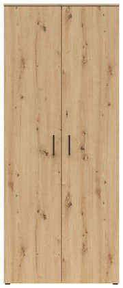 Vorderansicht eines Mehrzweck-Vorratsschranks mit Holzoptik und zwei Türen.