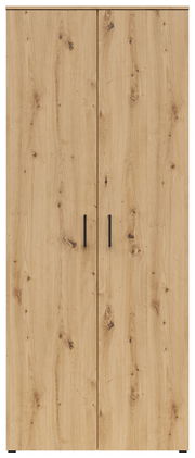 Vorderansicht eines Mehrzweck-Vorratsschranks mit Holzoptik und zwei Türen.