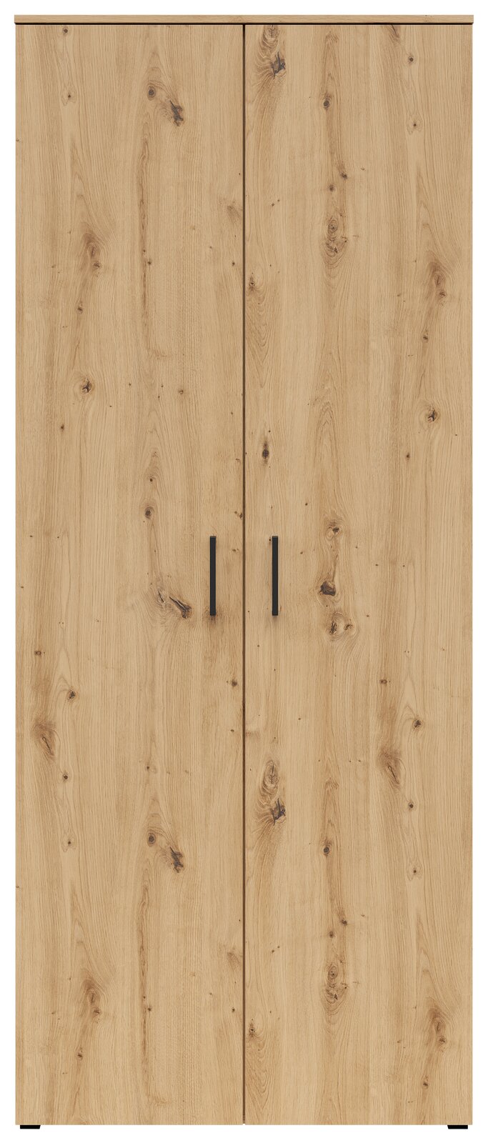 Vorderansicht eines Mehrzweck-Vorratsschranks mit Holzoptik und zwei Türen.