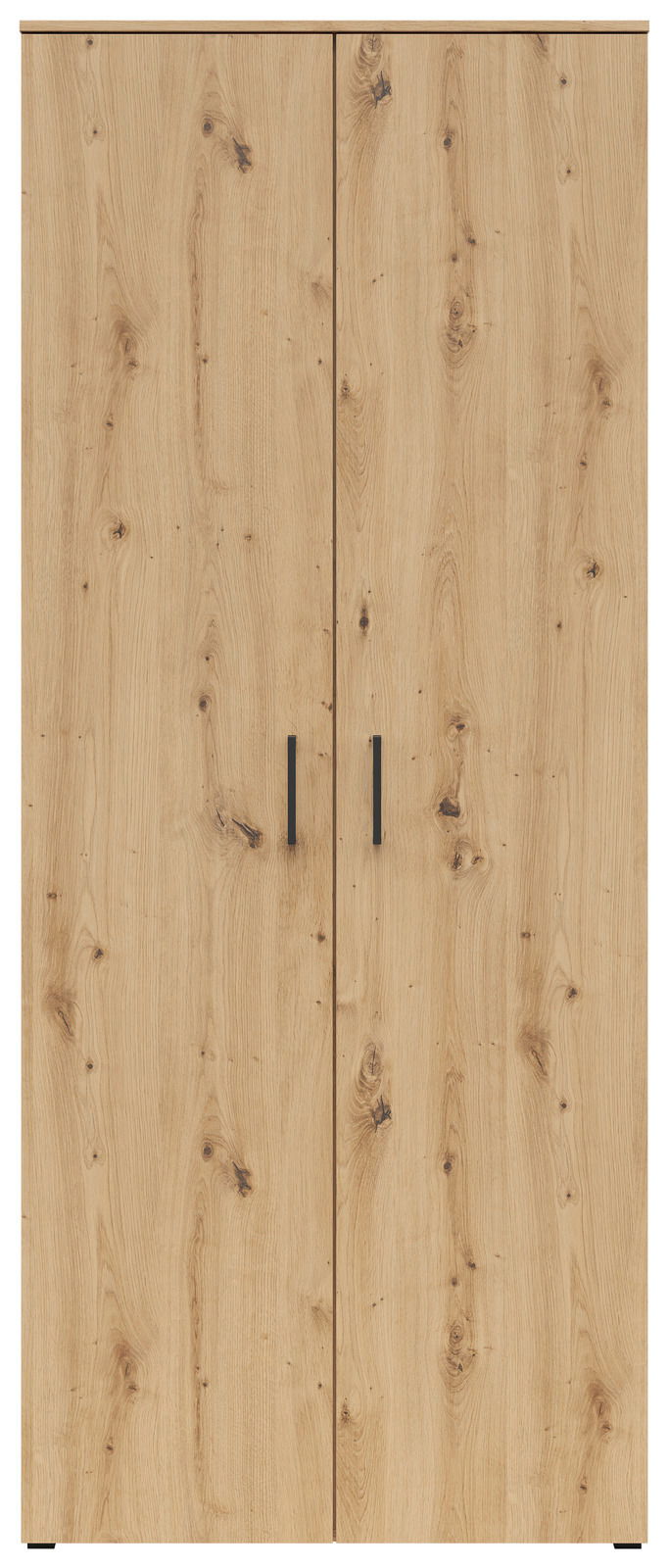 Vorderansicht eines Mehrzweck-Vorratsschranks mit Holzoptik und zwei Türen.